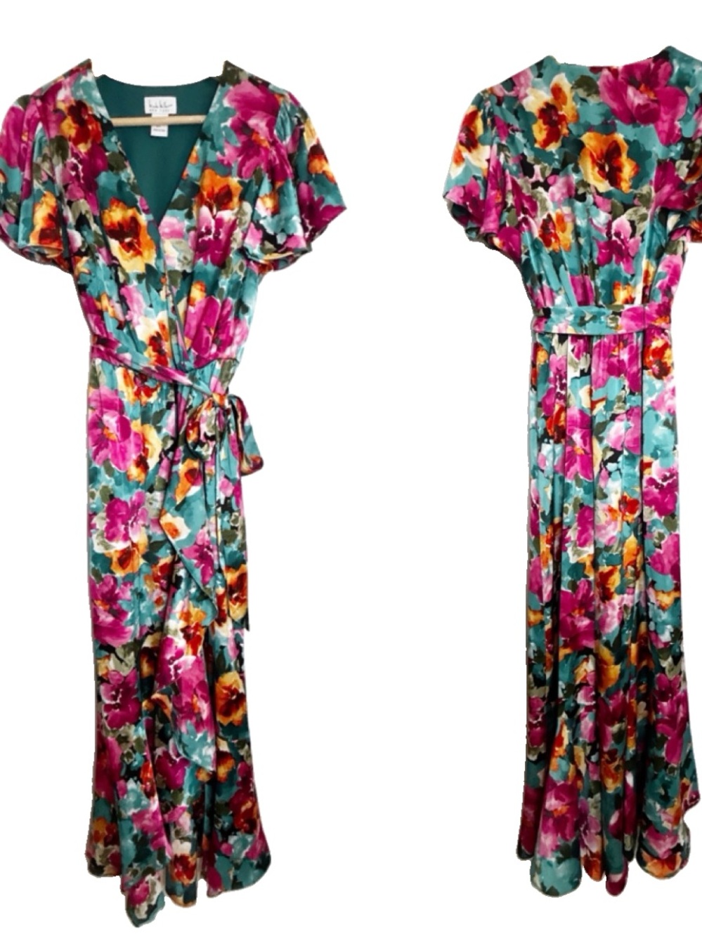 Nicole Miller Satin Floral Maxi Dress Multicolor Sz S